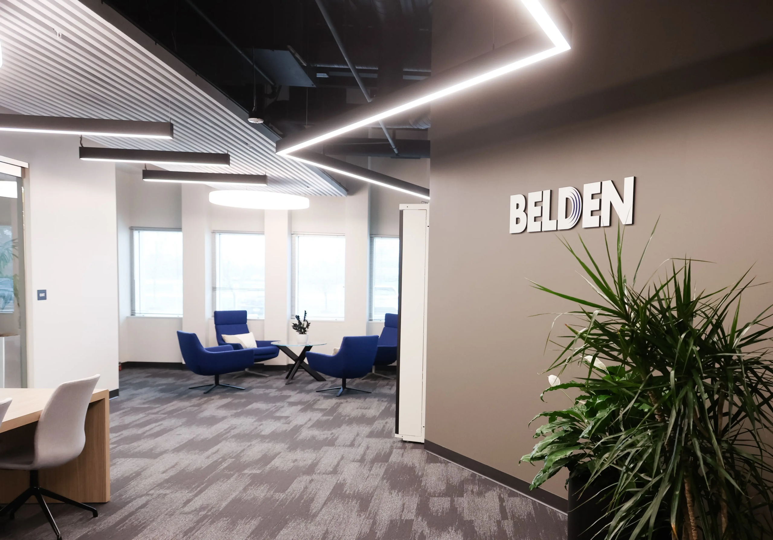 Modern collaborative workspace with blue lounge seating, large windows, and contemporary office lighting design