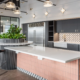 Office kitchen in Fishers, Indiana with large island, tile backsplash, and modern cabinetry