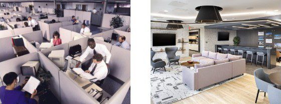Comparison of traditional cubicle office layout and modern collaborative workspace with open seating and lounge areas.