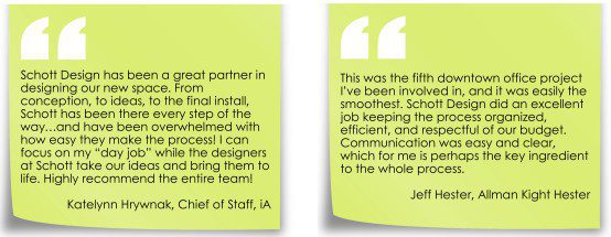 Client testimonials highlighting positive experiences working with Schott Design on interior projects