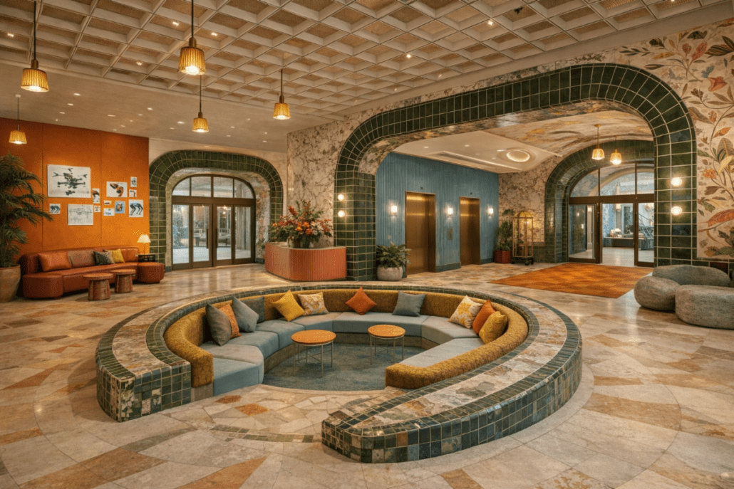 Modern conversation pit seating area with warm wood flooring and residential-inspired design